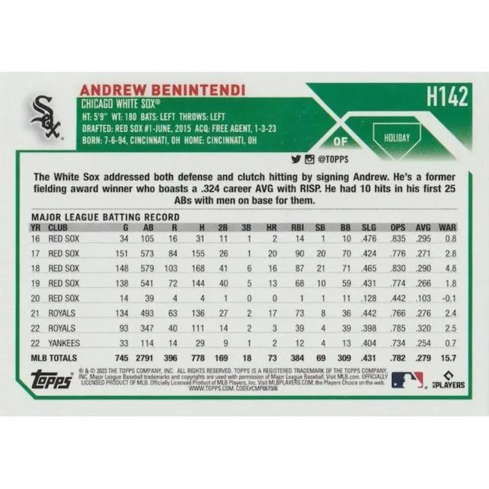 2023 Topps Holiday Andrew Benintendi H142 Chicago White Sox